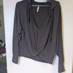 Fabletics VGUC Chocolate Brown Cowl Neck Hoodie Size Large *Small Paint Stain*